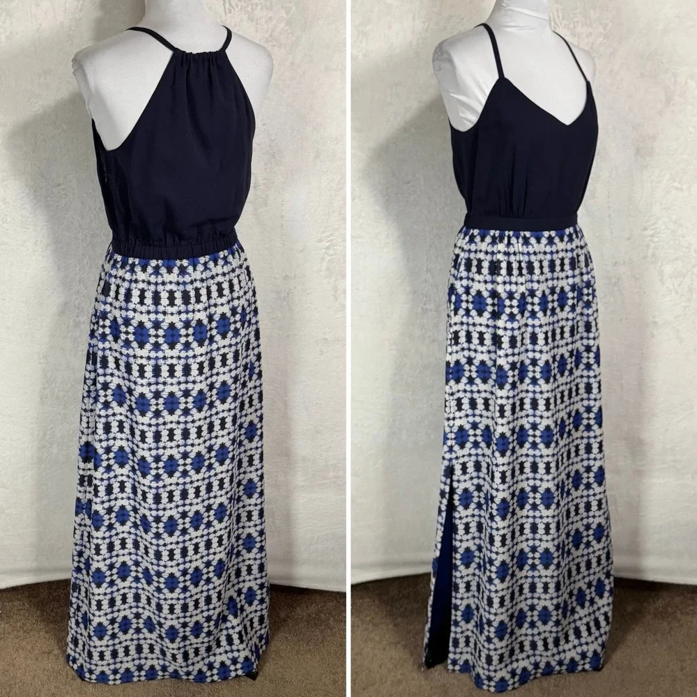 J.CREW Racerback Maxi Dress‎ Size 2 Blue Tie Dye Casual Boho Retro Coastal Slit